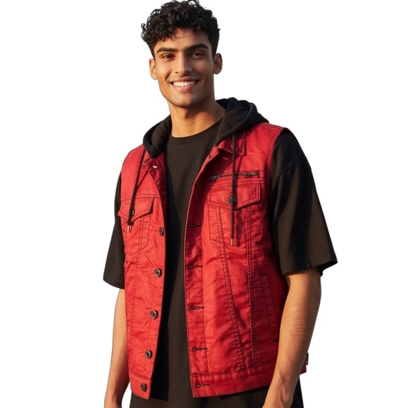 G by Guess Tamar Hooded Coated Denim Red Vest Men’s Large - Picture 1 of 11